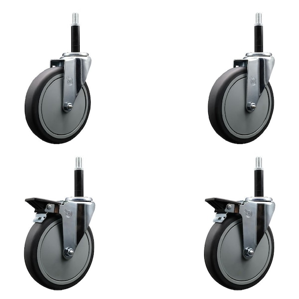 6'' Thermoplastic Rubber Wheel Swivel 3/4'' Expanding Stem Caster Set 2 Brakes, 4PK